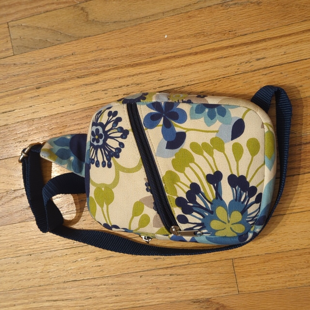 Small crossbody blue & green floral bag.